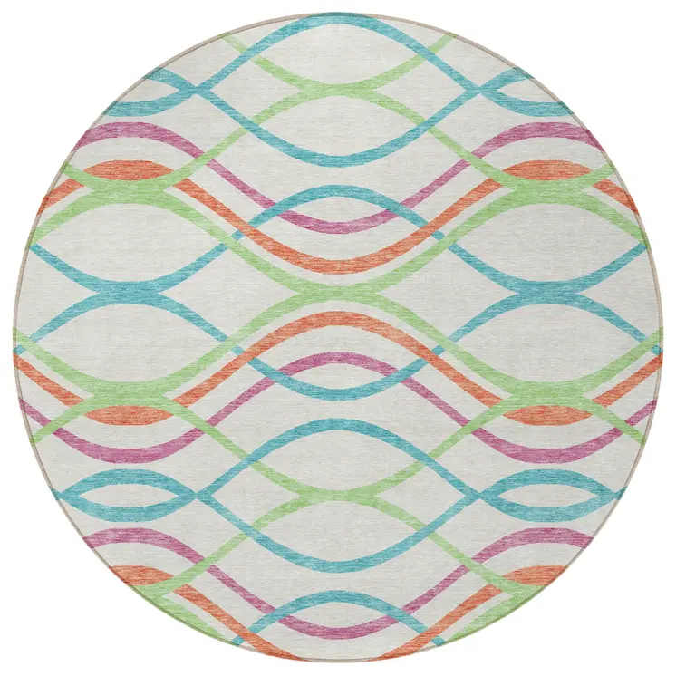 8' White Teal Blue And Lime Green Round Abstract Washable Indoor Outdoor Area Rug