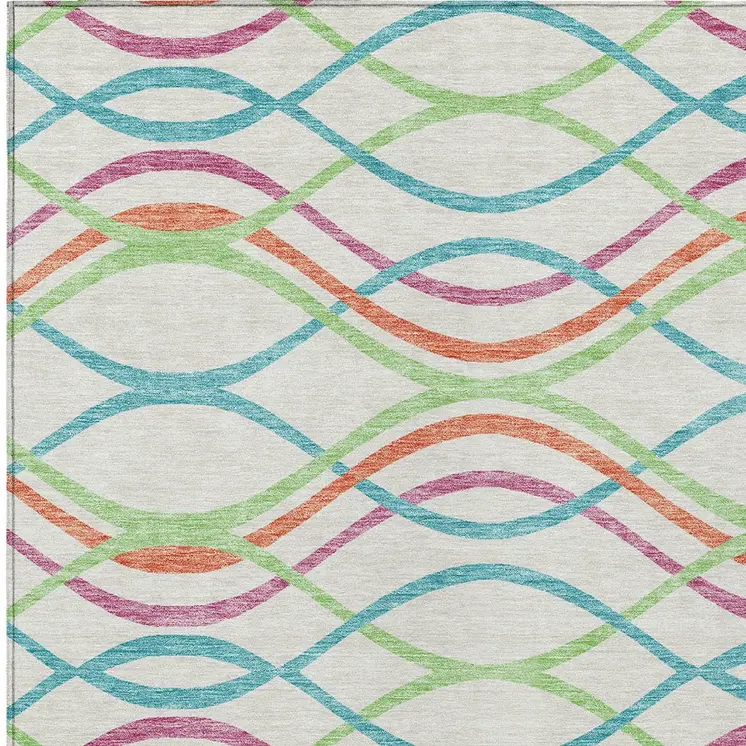 8' X 10' White Teal Blue And Lime Green Abstract Washable Indoor Outdoor Area Rug