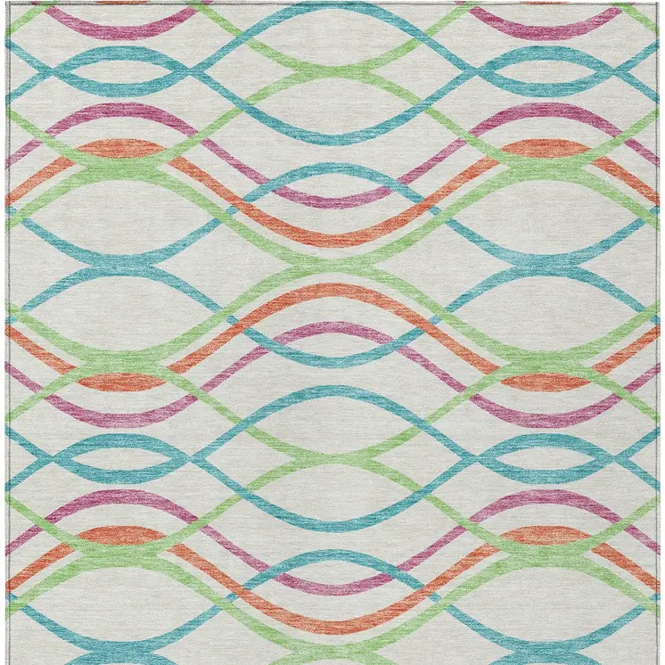 9' X 12' White Teal Blue And Lime Green Abstract Washable Indoor Outdoor Area Rug