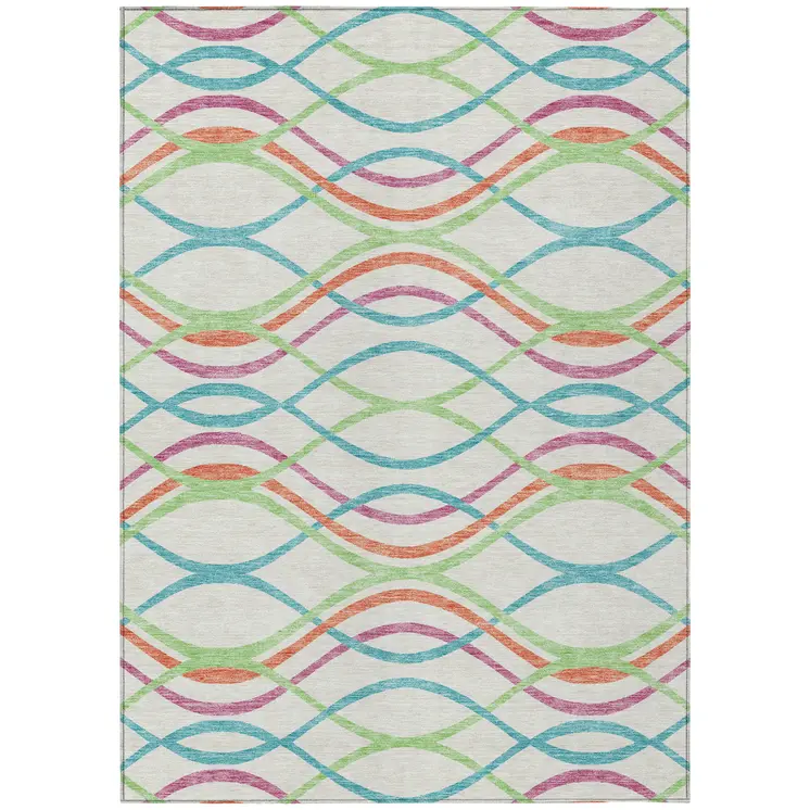 9' X 12' White Teal Blue And Lime Green Abstract Washable Indoor Outdoor Area Rug