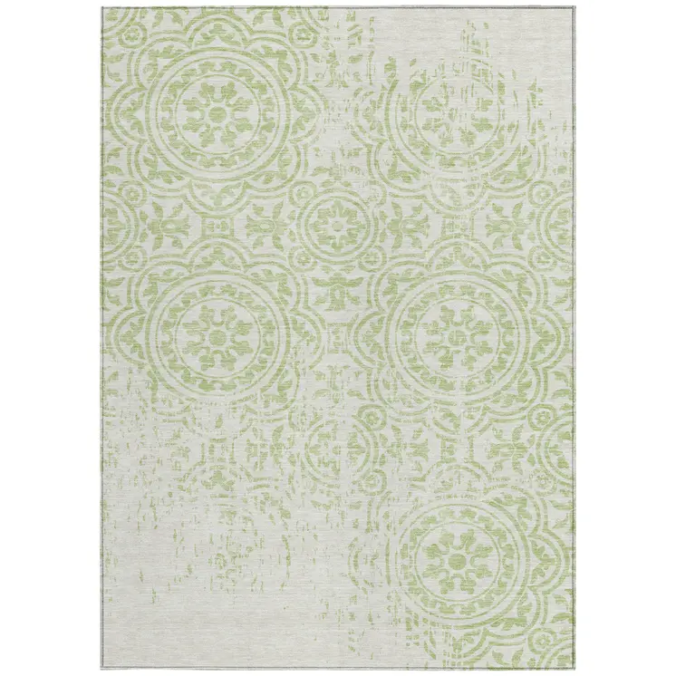 5' X 8' Artichoke Green And Ivory Medallion Washable Indoor Outdoor Area Rug