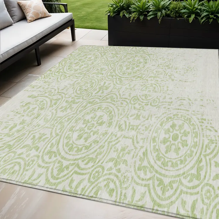 5' X 8' Artichoke Green And Ivory Medallion Washable Indoor Outdoor Area Rug