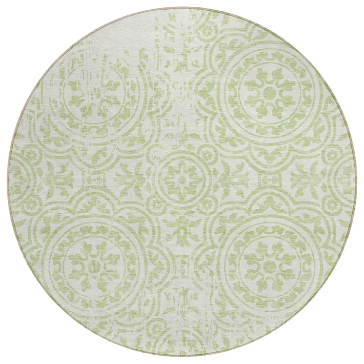 8' Artichoke Green And Ivory Round Medallion Washable Indoor Outdoor Area Rug