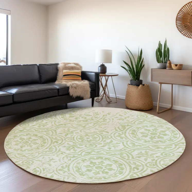 8' Artichoke Green And Ivory Round Medallion Washable Indoor Outdoor Area Rug