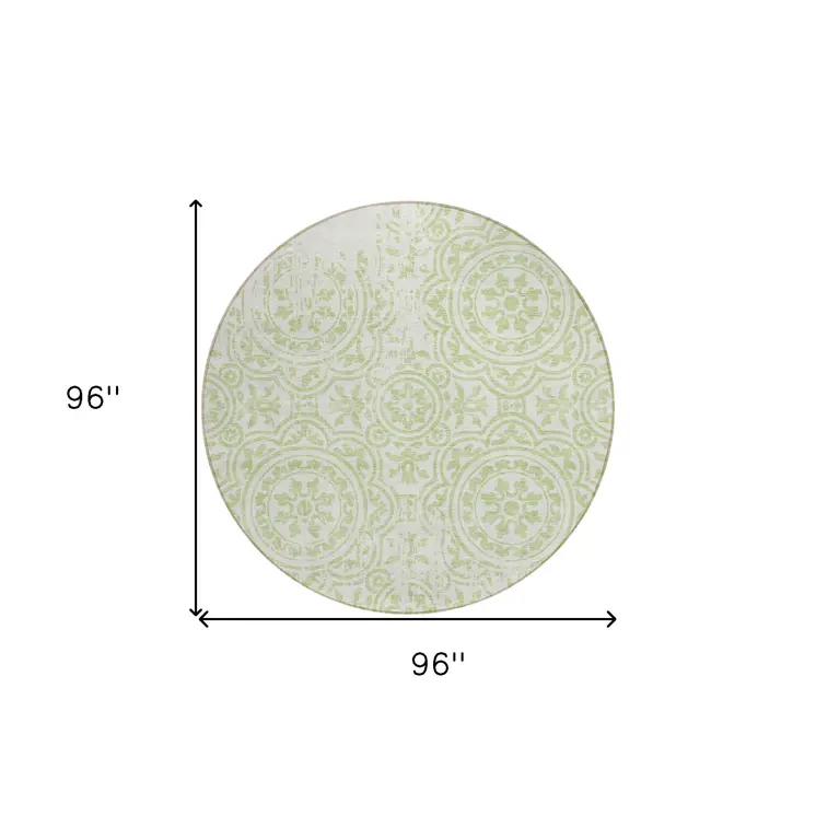 8' Artichoke Green And Ivory Round Medallion Washable Indoor Outdoor Area Rug