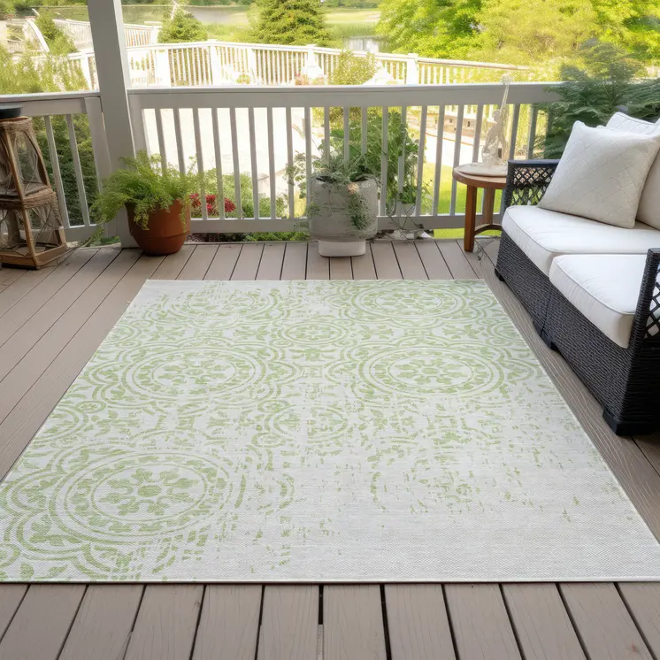 8' X 10' Artichoke Green And Ivory Medallion Washable Indoor Outdoor Area Rug