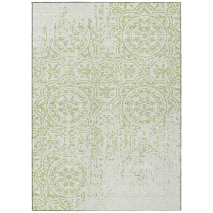 8' X 10' Artichoke Green And Ivory Medallion Washable Indoor Outdoor Area Rug