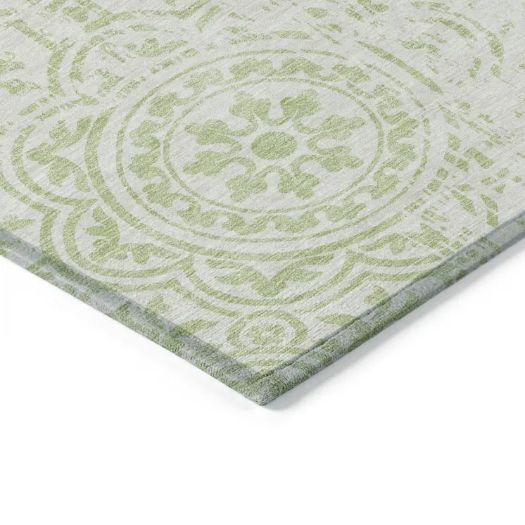 8' X 10' Artichoke Green And Ivory Medallion Washable Indoor Outdoor Area Rug