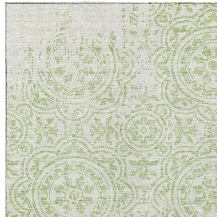 9' X 12' Artichoke Green And Ivory Medallion Washable Indoor Outdoor Area Rug