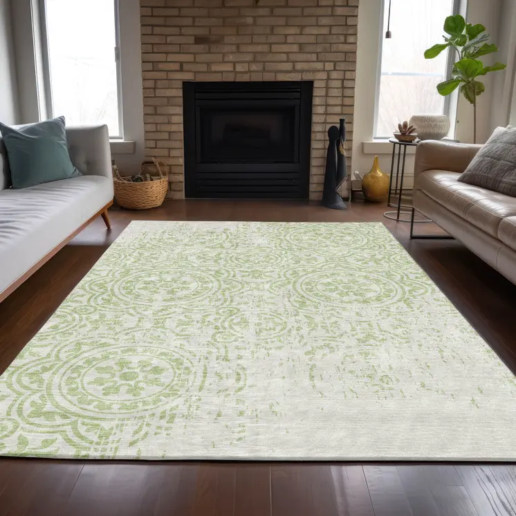 9' X 12' Artichoke Green And Ivory Medallion Washable Indoor Outdoor Area Rug