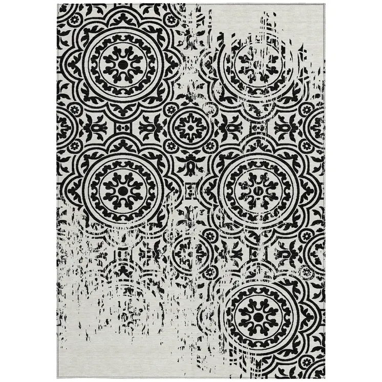 5' X 8' Black And Ivory Medallion Washable Indoor Outdoor Area Rug