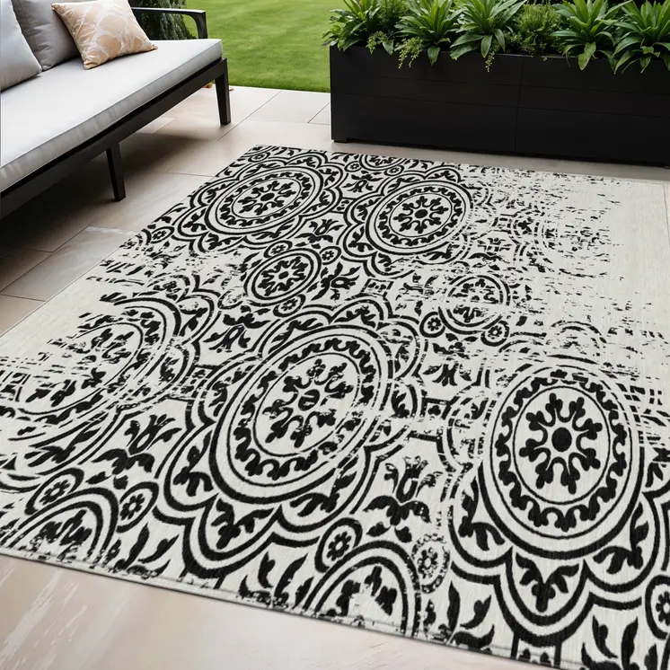 5' X 8' Black And Ivory Medallion Washable Indoor Outdoor Area Rug