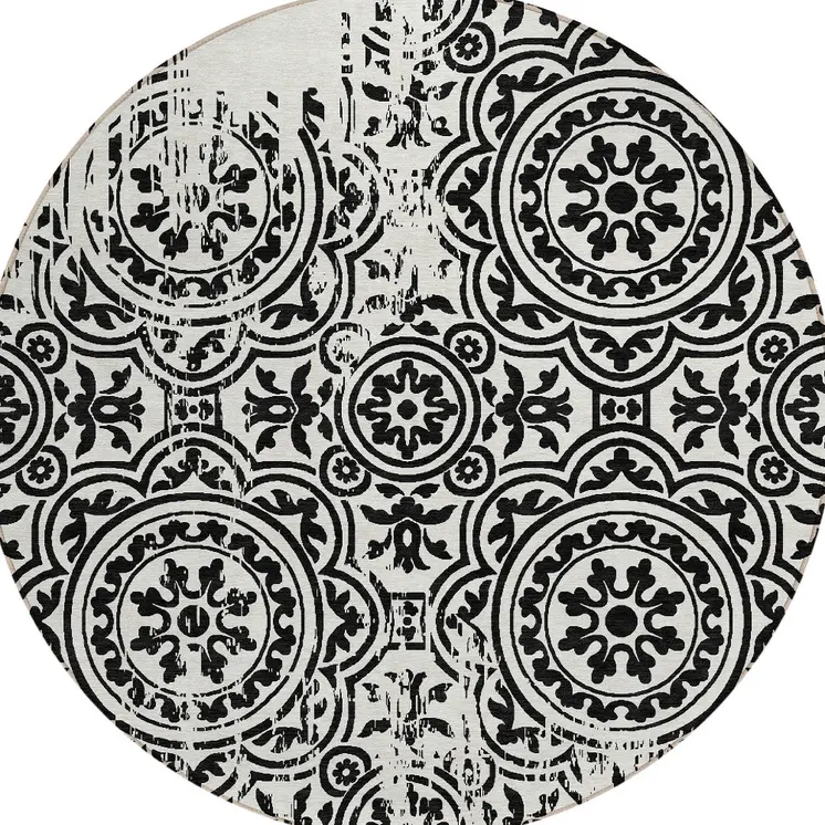 8' Black And Ivory Round Medallion Washable Indoor Outdoor Area Rug