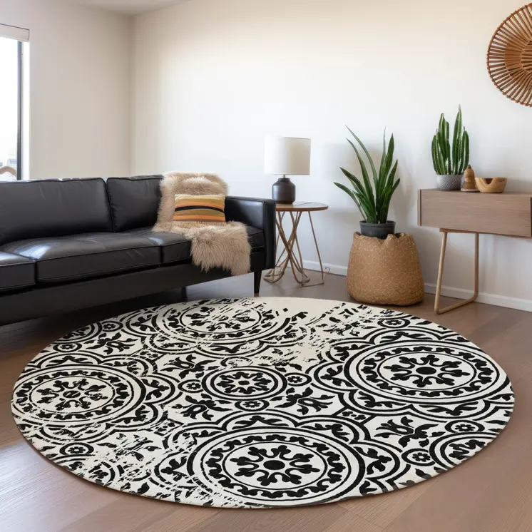 8' Black And Ivory Round Medallion Washable Indoor Outdoor Area Rug