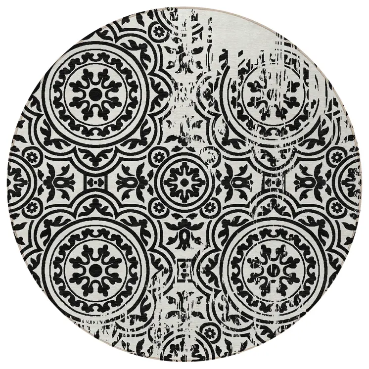 8' Black And Ivory Round Medallion Washable Indoor Outdoor Area Rug