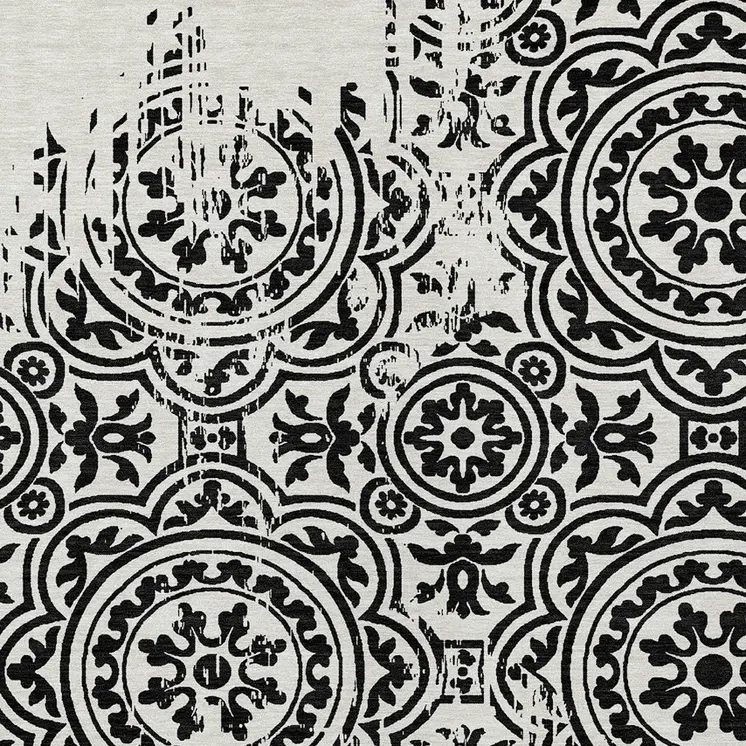 8' X 10' Black And Ivory Medallion Washable Indoor Outdoor Area Rug