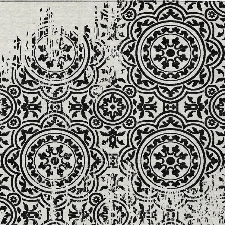 9' X 12' Black And Ivory Medallion Washable Indoor Outdoor Area Rug