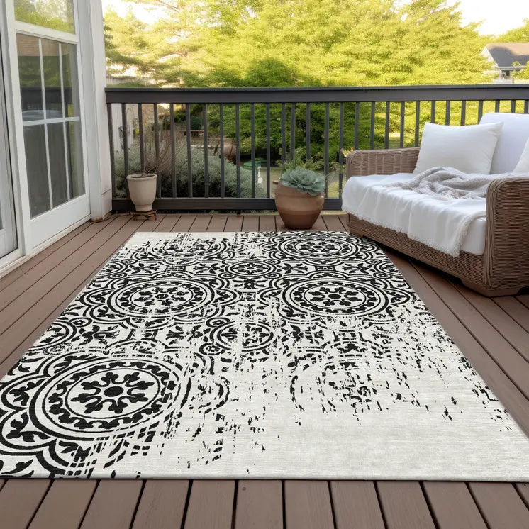 9' X 12' Black And Ivory Medallion Washable Indoor Outdoor Area Rug