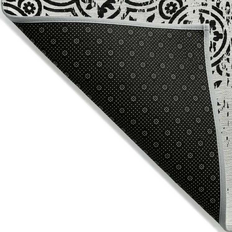 9' X 12' Black And Ivory Medallion Washable Indoor Outdoor Area Rug