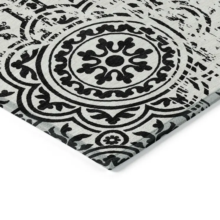 9' X 12' Black And Ivory Medallion Washable Indoor Outdoor Area Rug