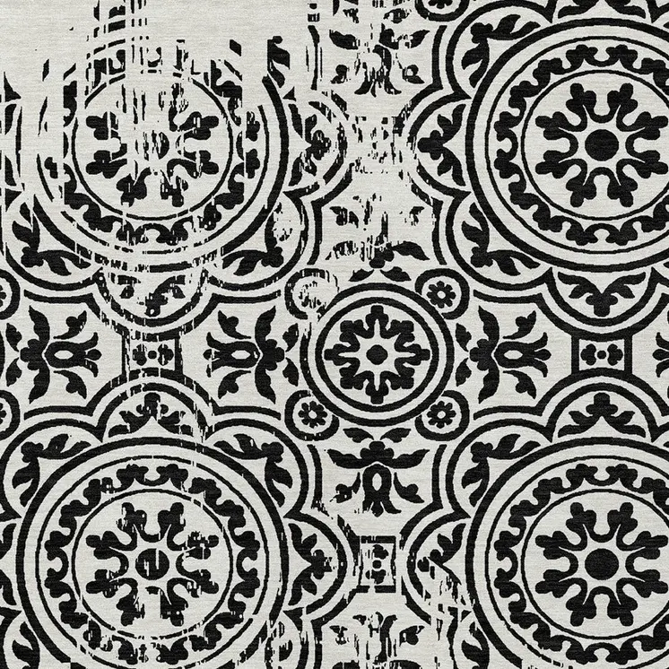 9' X 12' Black And Ivory Medallion Washable Indoor Outdoor Area Rug