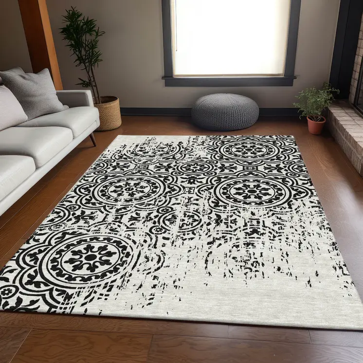 9' X 12' Black And Ivory Medallion Washable Indoor Outdoor Area Rug
