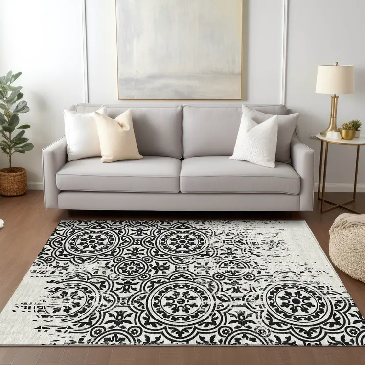 9' X 12' Black And Ivory Medallion Washable Indoor Outdoor Area Rug