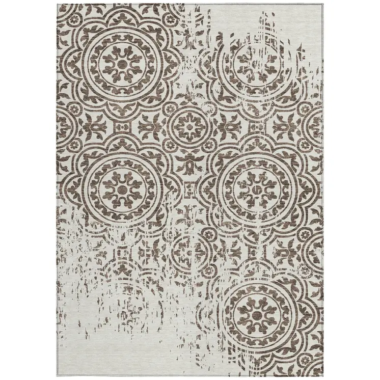 3' X 5' Chocolate And Ivory Medallion Washable Indoor Outdoor Area Rug