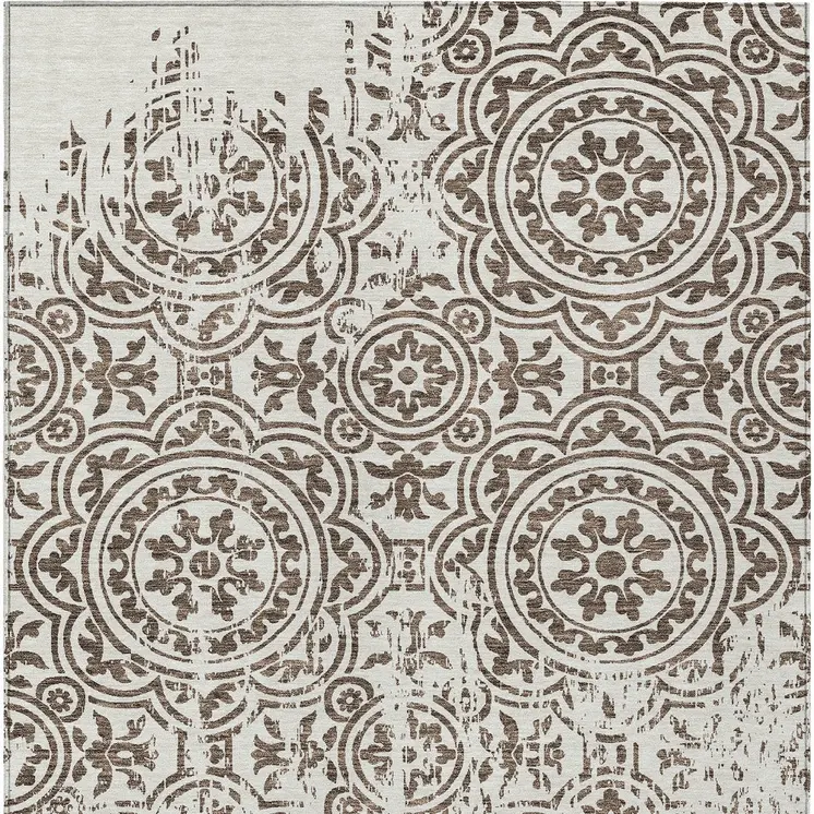 3' X 5' Chocolate And Ivory Medallion Washable Indoor Outdoor Area Rug