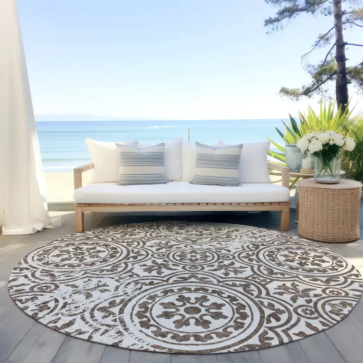 8' Chocolate And Ivory Round Medallion Washable Indoor Outdoor Area Rug