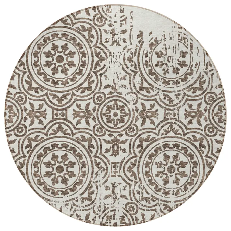 8' Chocolate And Ivory Round Medallion Washable Indoor Outdoor Area Rug
