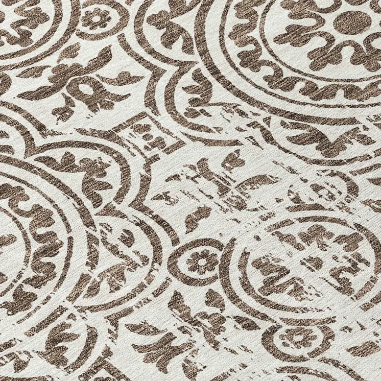 8' Chocolate And Ivory Round Medallion Washable Indoor Outdoor Area Rug