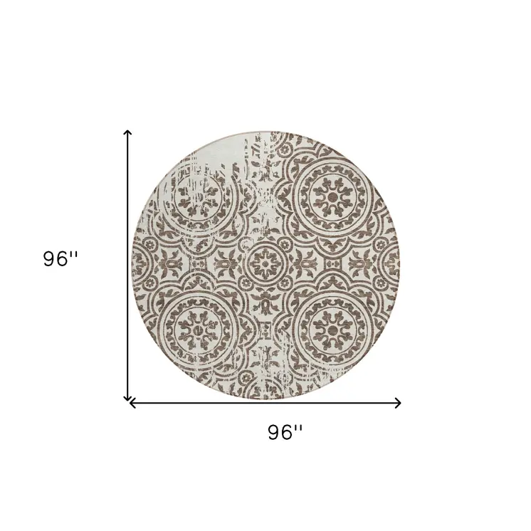 8' Chocolate And Ivory Round Medallion Washable Indoor Outdoor Area Rug