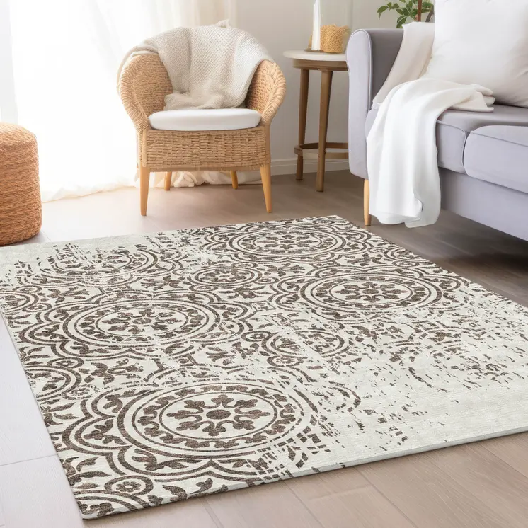 8' X 10' Chocolate And Ivory Medallion Washable Indoor Outdoor Area Rug