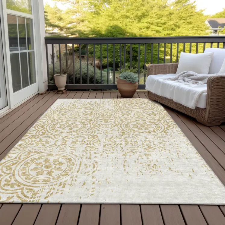 5' X 8' Gold And Ivory Medallion Washable Indoor Outdoor Area Rug