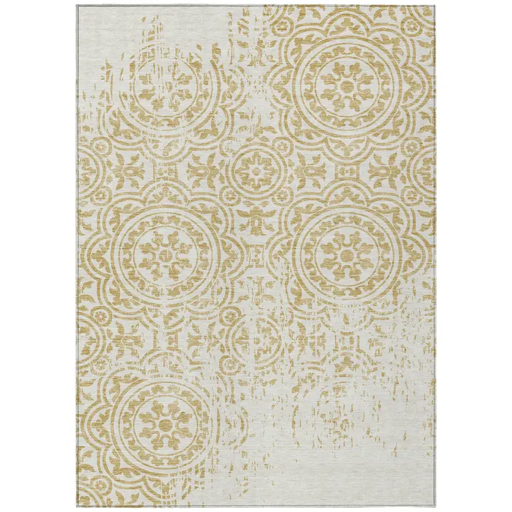5' X 8' Gold And Ivory Medallion Washable Indoor Outdoor Area Rug