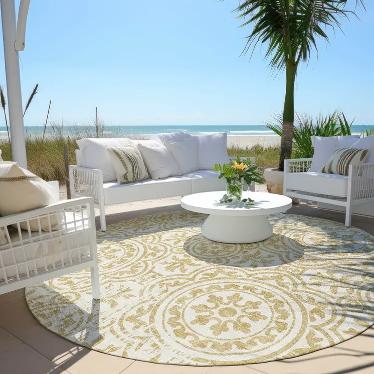 8' Gold And Ivory Round Medallion Washable Indoor Outdoor Area Rug