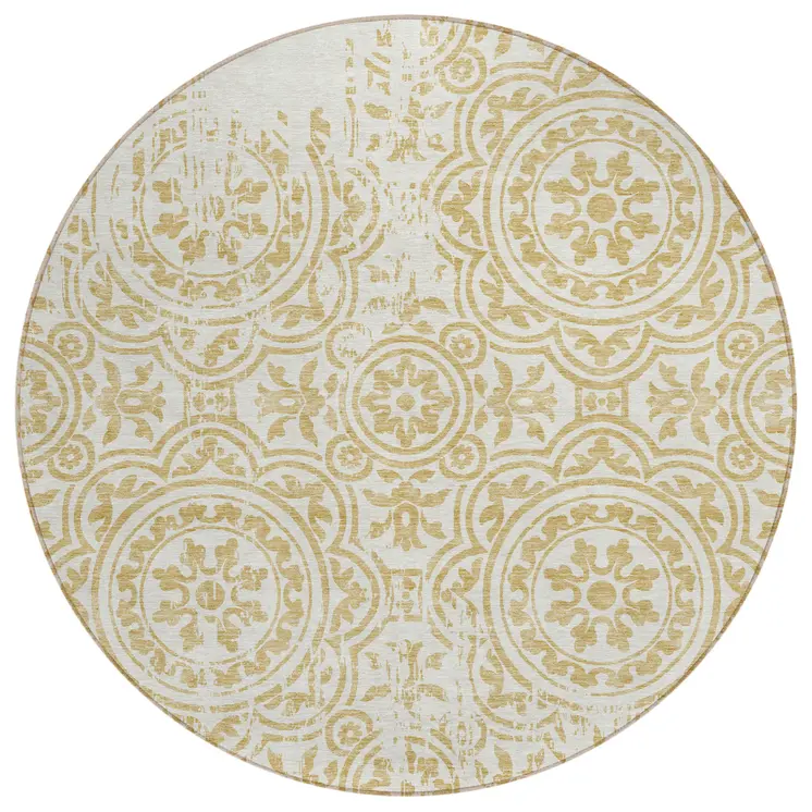 8' Gold And Ivory Round Medallion Washable Indoor Outdoor Area Rug