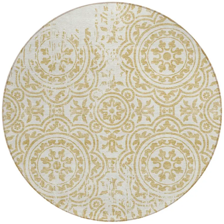 8' Gold And Ivory Round Medallion Washable Indoor Outdoor Area Rug