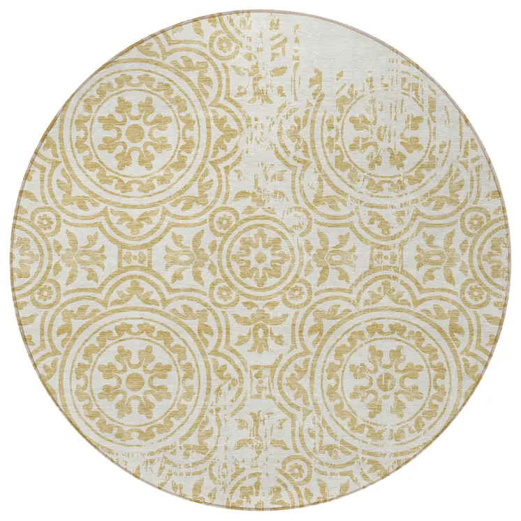 8' Gold And Ivory Round Medallion Washable Indoor Outdoor Area Rug