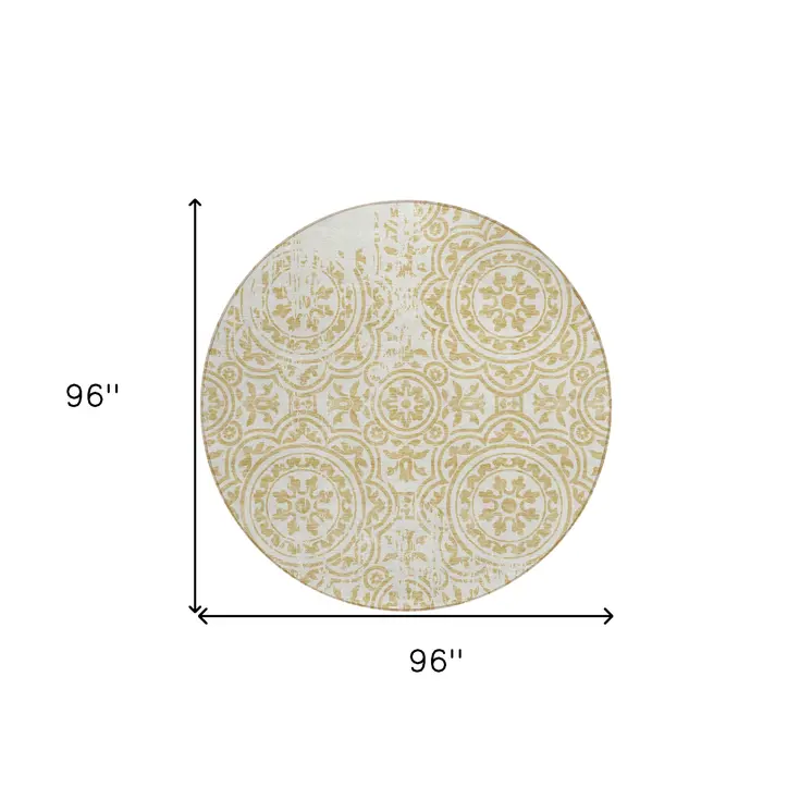 8' Gold And Ivory Round Medallion Washable Indoor Outdoor Area Rug