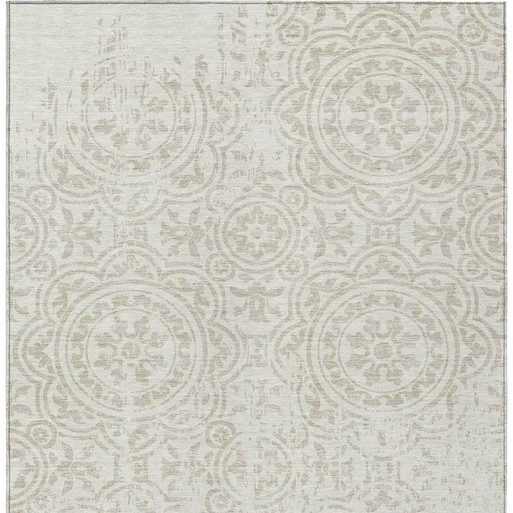 3' X 5' Ivory And Beige Medallion Washable Indoor Outdoor Area Rug