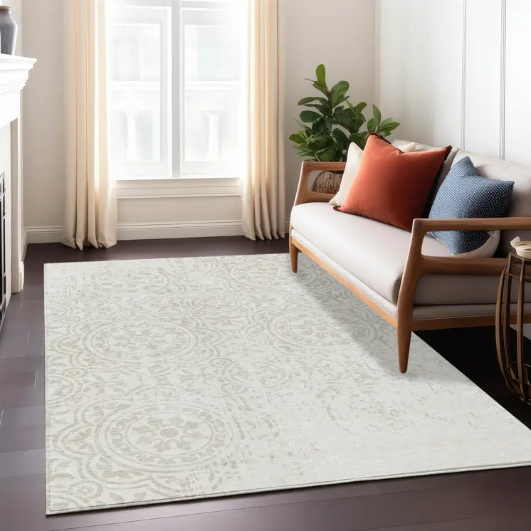 3' X 5' Ivory And Beige Medallion Washable Indoor Outdoor Area Rug