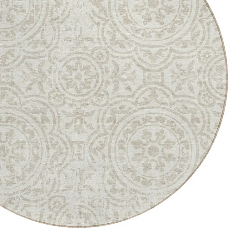 8' Ivory And Beige Round Medallion Washable Indoor Outdoor Area Rug