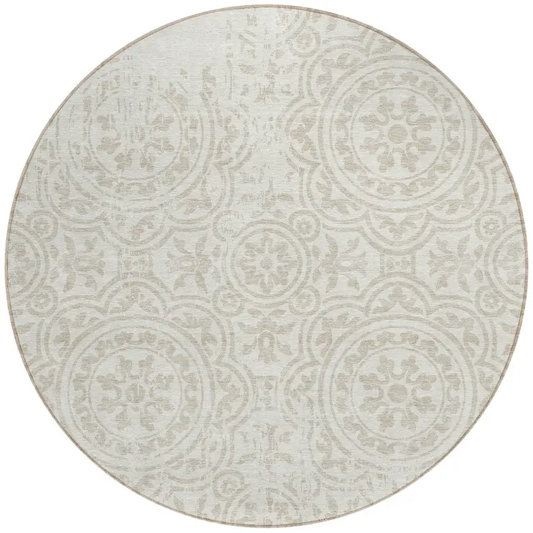 8' Ivory And Beige Round Medallion Washable Indoor Outdoor Area Rug