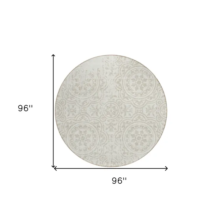 8' Ivory And Beige Round Medallion Washable Indoor Outdoor Area Rug