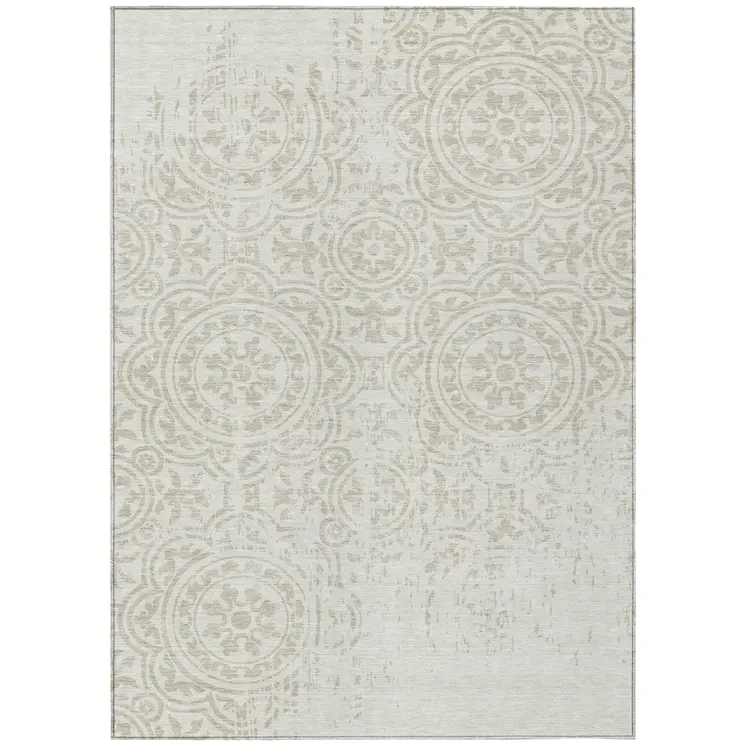 9' X 12' Ivory And Beige Medallion Washable Indoor Outdoor Area Rug