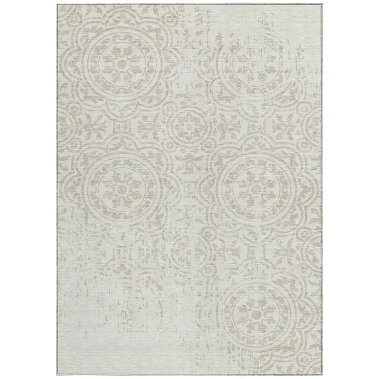10' X 14' Ivory And Beige Medallion Washable Indoor Outdoor Area Rug