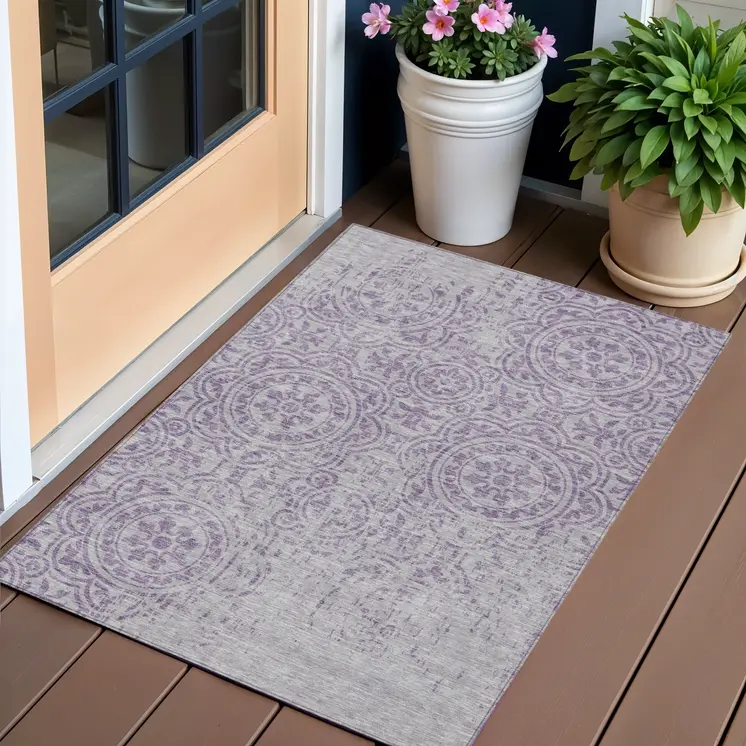 3' X 5' Lavender And Lilac Medallion Washable Indoor Outdoor Area Rug