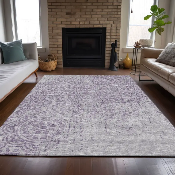 3' X 5' Lavender And Lilac Medallion Washable Indoor Outdoor Area Rug